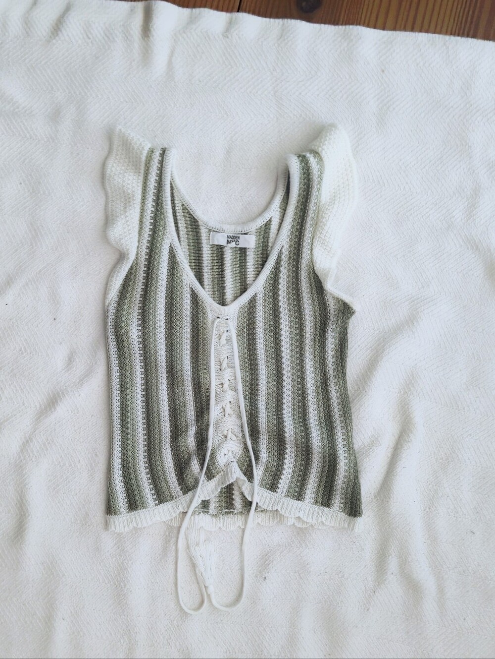 Madden NYC Olive Green & White Lace-Up Knit Tank